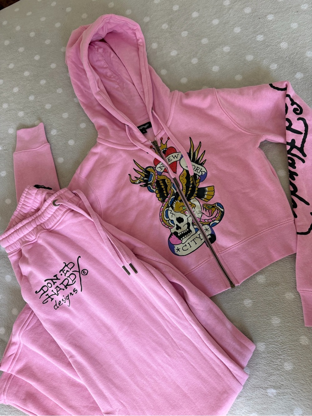 Ed Hardy Pink Hoodie & Sweatpants Set with Colorful Skull Crest